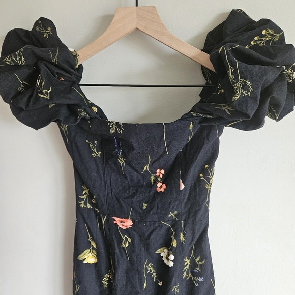 H&M Black Floral Linen Blend Off The Shoulder Midi Dress NWT - Picture 4 of 11